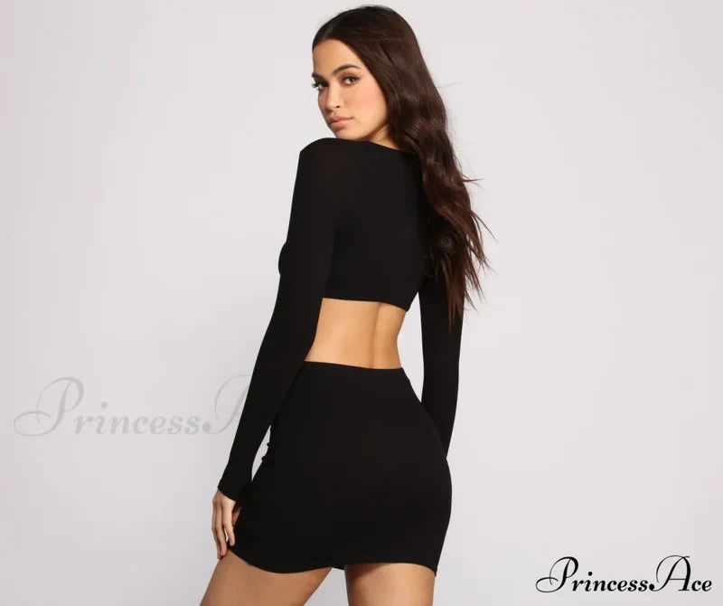 Ribbed Knit Stylish O-Ring Mini Dress Casual Dresses