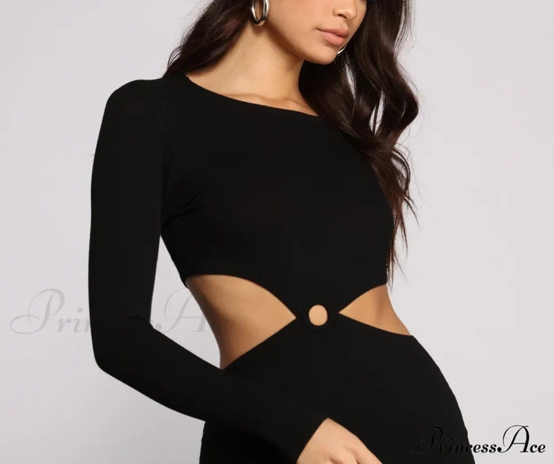 Ribbed Knit Stylish O-Ring Mini Dress Casual Dresses