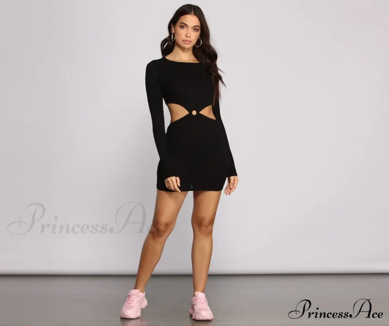 Ribbed Knit Stylish O-Ring Mini Dress Casual Dresses