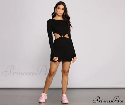 Ribbed Knit Stylish O-Ring Mini Dress Casual Dresses