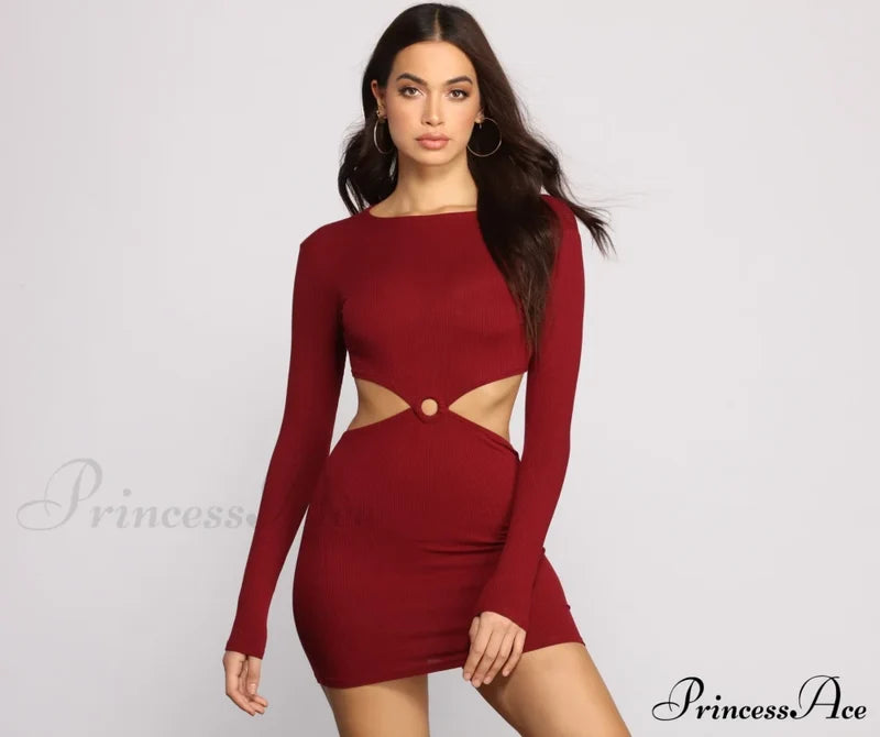 Ribbed Knit O-Ring Mini Dress - Lady Occasions