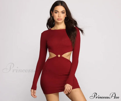 Ribbed Knit O-Ring Mini Dress - Lady Occasions