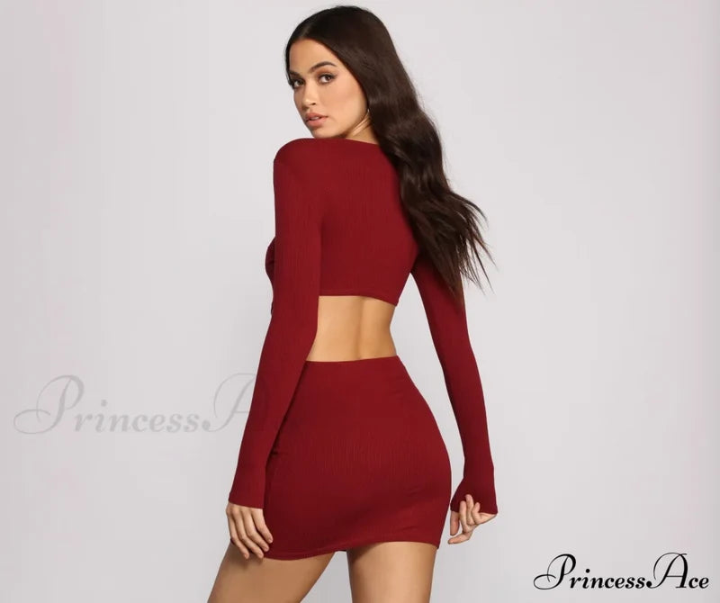Ribbed Knit Stylish O-Ring Mini Dress Casual Dresses