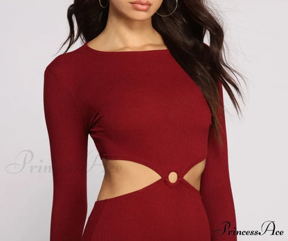 Ribbed Knit Stylish O-Ring Mini Dress Casual Dresses