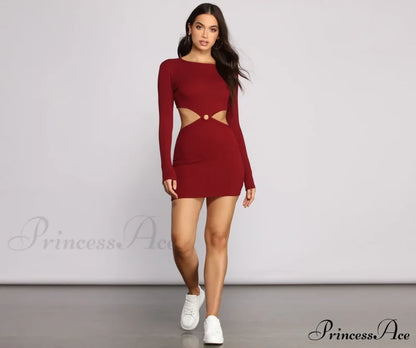 Ribbed Knit Stylish O-Ring Mini Dress Casual Dresses