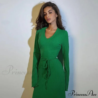 Ribbed Knitted Tie-Detailed Fashionable Club-Ready Birthday Autumnal Maxi Dress
