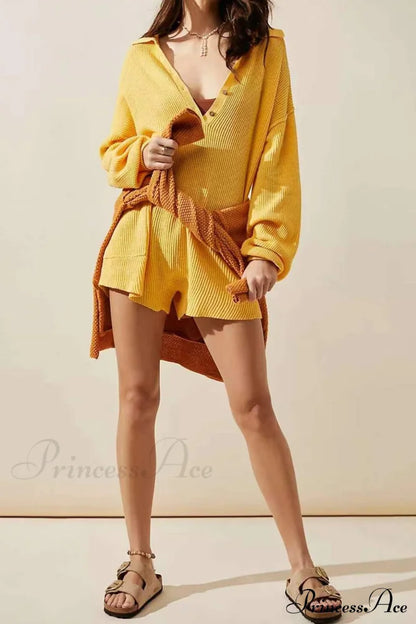 Ribbed Rompers With Lapel And Long Sleeves Yellow / S