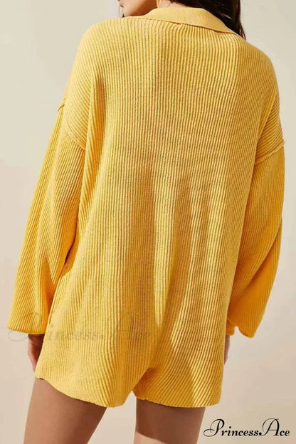 Ribbed Rompers With Lapel And Long Sleeves Yellow / L
