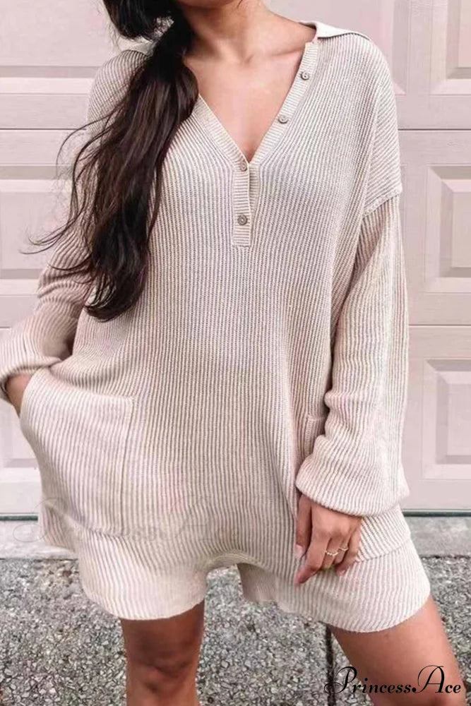 Ribbed Rompers With Lapel And Long Sleeves Beige / L
