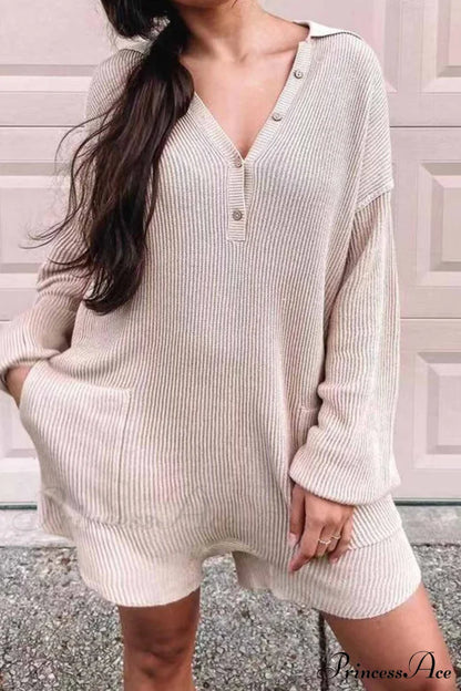 Ribbed Rompers With Lapel And Long Sleeves Beige / L