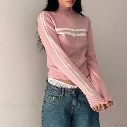 Ribbed Stripe Stylish Zipper Pullover Jacket Sweatshirts & Hoodies-L