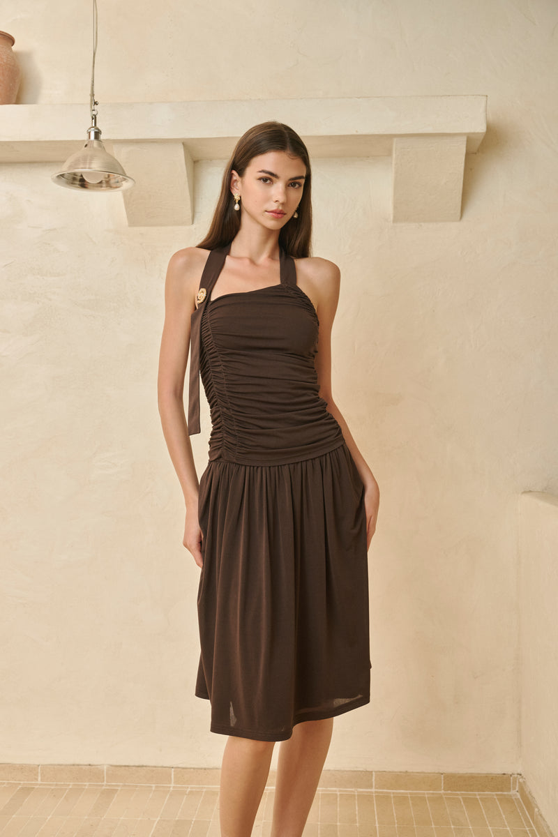 Ruched asymmetric halter top & midi skirt set