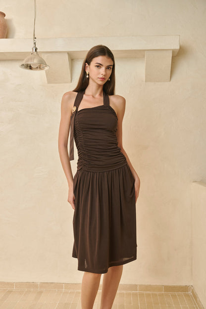 Ruched asymmetric halter top & midi skirt set