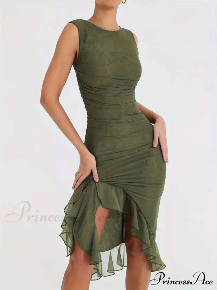 Ruched Backless Bodycon Dress With Ruffle Hem S / Green Brown Bodycon Ruffles Dress