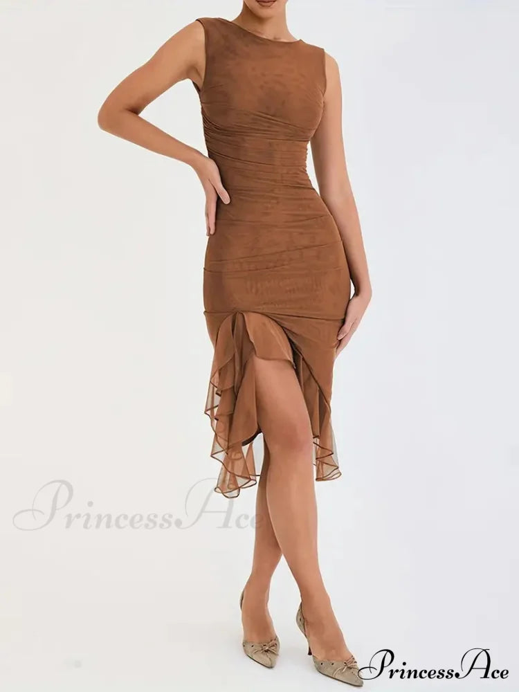 Ruched Backless Bodycon Dress With Ruffle Hem M / Green Brown Bodycon Ruffles Dress
