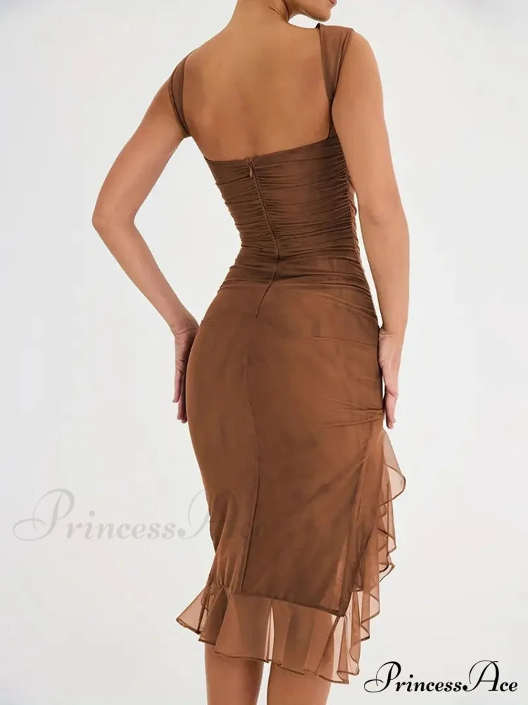 Ruched Backless Bodycon Dress With Ruffle Hem M / Brown Brown Bodycon Ruffles Dress