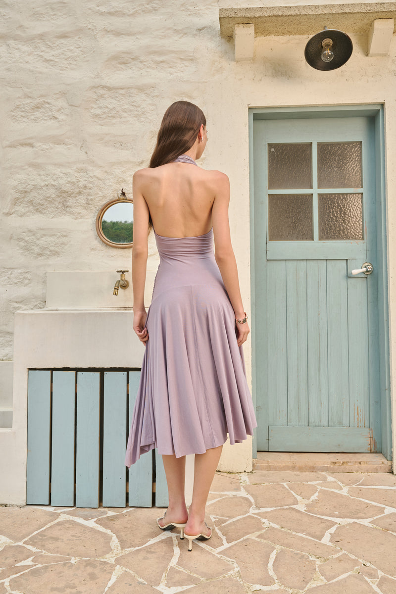 Ruched open-back halter midi dress