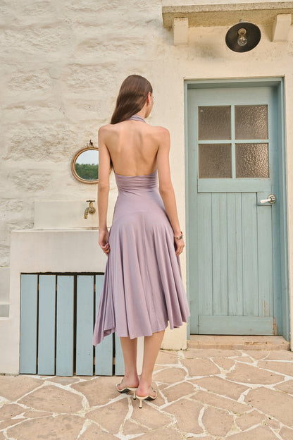 Ruched open-back halter midi dress