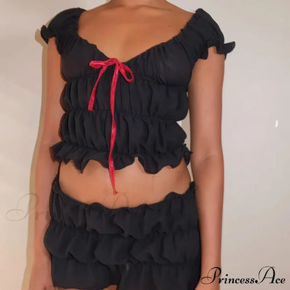 Ruched Short Sleeve Bow Graceful Top And Mini Skirt Set