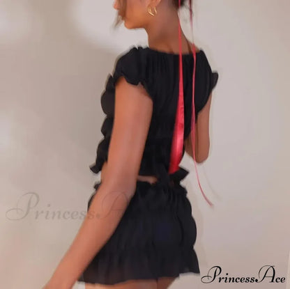 Ruched Short Sleeve Bow Graceful Top And Mini Skirt Set