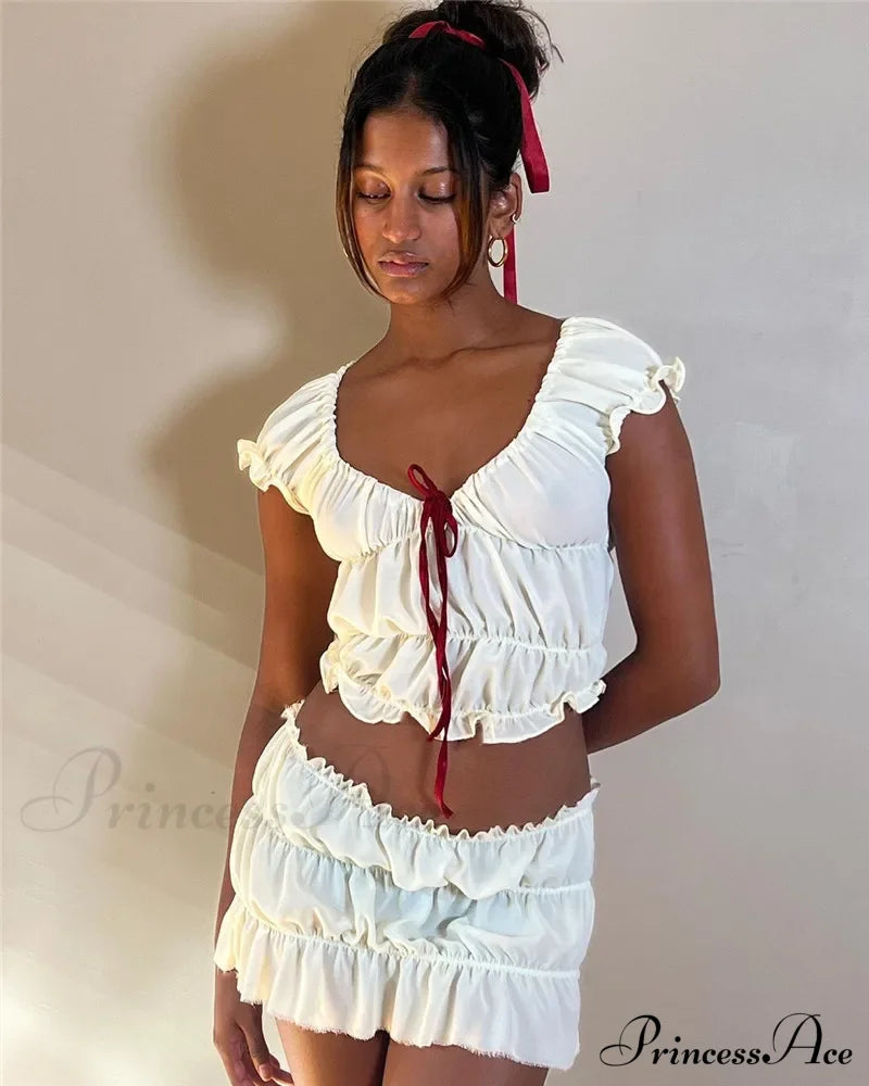 Ruched Short Sleeve Bow Graceful Top And Mini Skirt Set