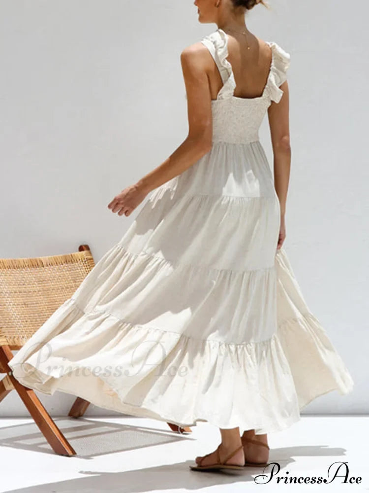Ruffled Flying Sleeves Smocked Graceful Back Tiered Vacation Maxi Dress Dresses