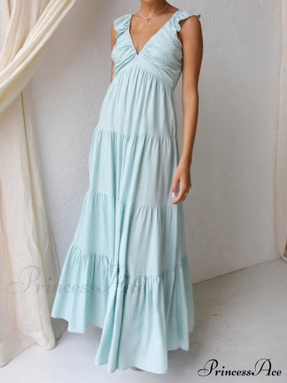 Ruffled Flying Sleeves Smocked Graceful Back Tiered Vacation Maxi Dress Dresses