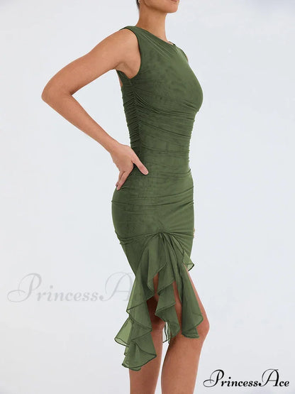 Ruffled Ruched Summer-Ready Backless Sleeveless Irregular Sensual Midi Dress