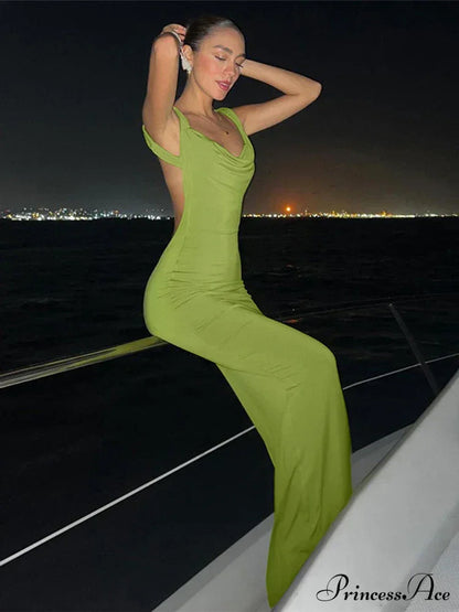 Ruffles Green Straps Backless Elegant Bodycon Evening Maxi Dress