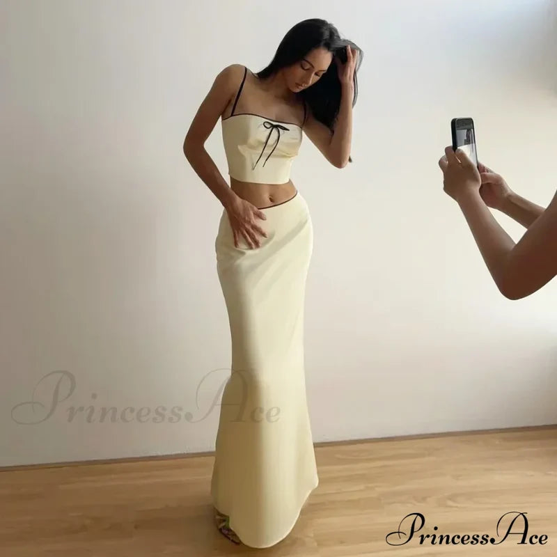 Satin Bow Cami Crop Graceful Top And Maxi Skirt Set Long Suits