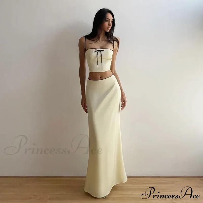 Satin Bow Cami Crop Graceful Top And Maxi Skirt Set Long Suits