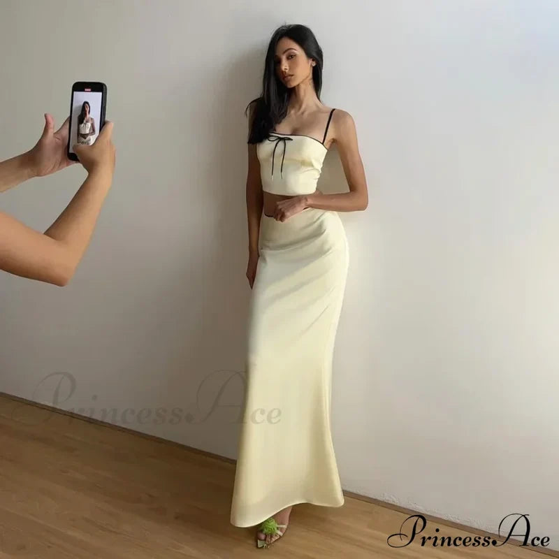 Satin Bow Cami Crop Graceful Top And Maxi Skirt Set Long Suits
