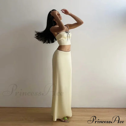 Satin Bow Cami Crop Graceful Top And Maxi Skirt Set Long Suits