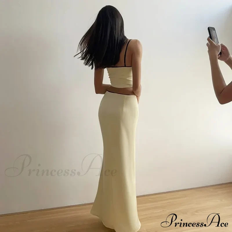 Satin Bow Cami Crop Graceful Top And Maxi Skirt Set Long Suits