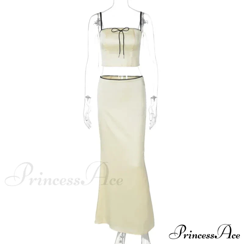 Satin Bow Cami Crop Graceful Top And Maxi Skirt Set Long Suits