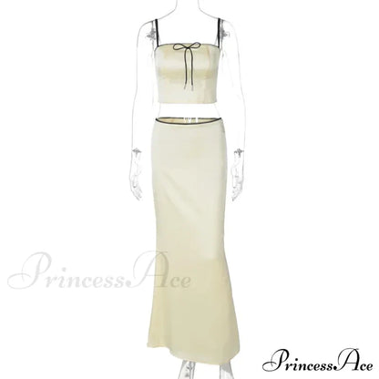 Satin Bow Cami Crop Graceful Top And Maxi Skirt Set Long Suits