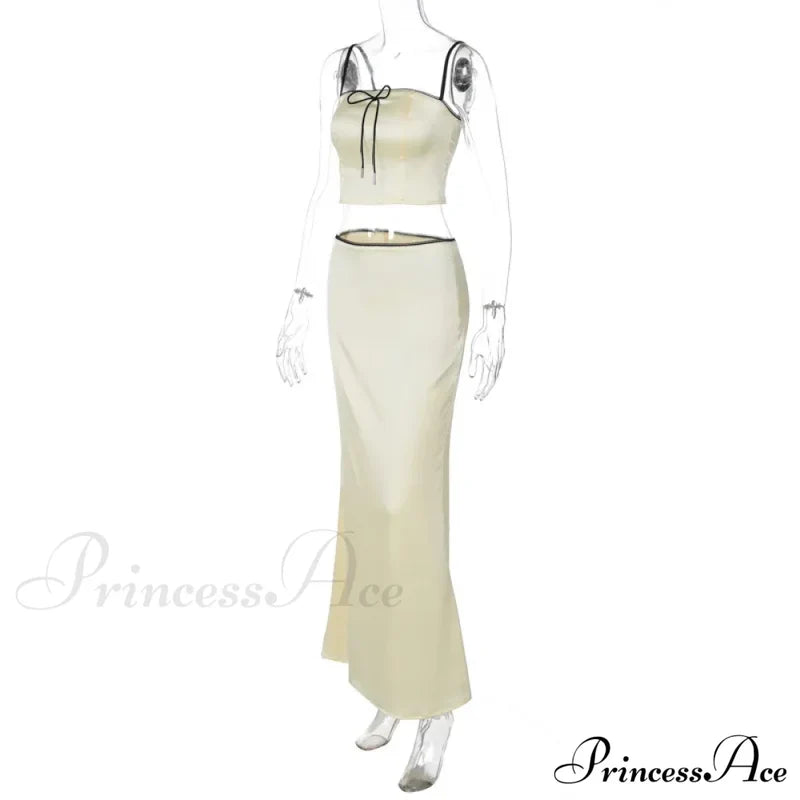Satin Bow Cami Crop Graceful Top And Maxi Skirt Set Long Suits