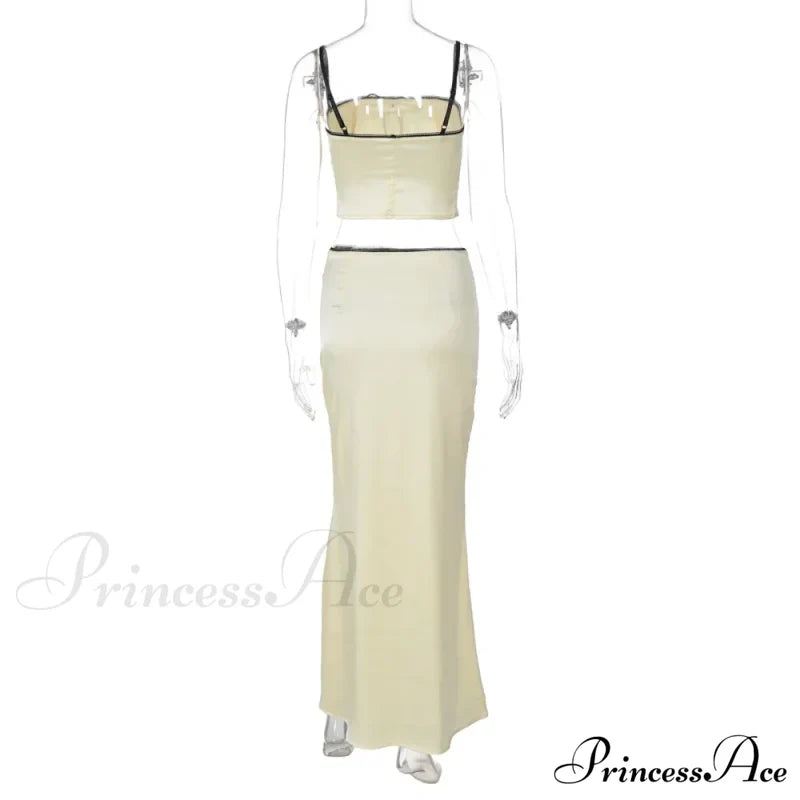 Satin Bow Cami Crop Graceful Top And Maxi Skirt Set Long Suits