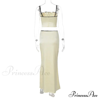 Satin Bow Cami Crop Graceful Top And Maxi Skirt Set Long Suits