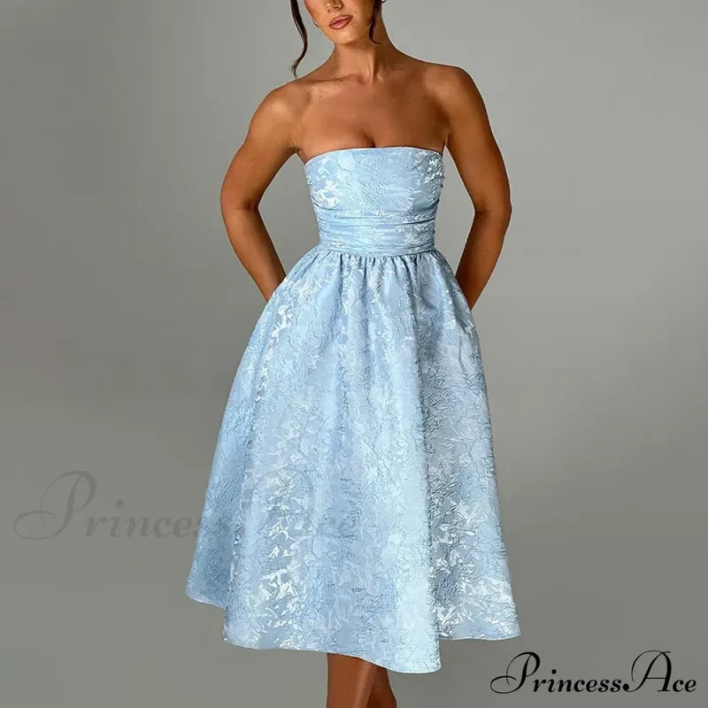 Satin Jacquard Printed Charming Tube Flare Midi Dress