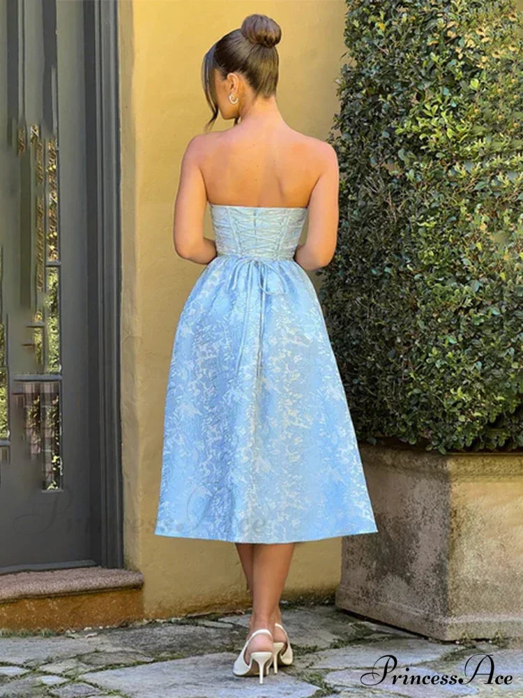 Satin Jacquard Printed Charming Tube Flare Midi Dress