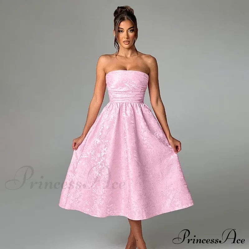 Satin Jacquard Printed Charming Tube Flare Midi Dress