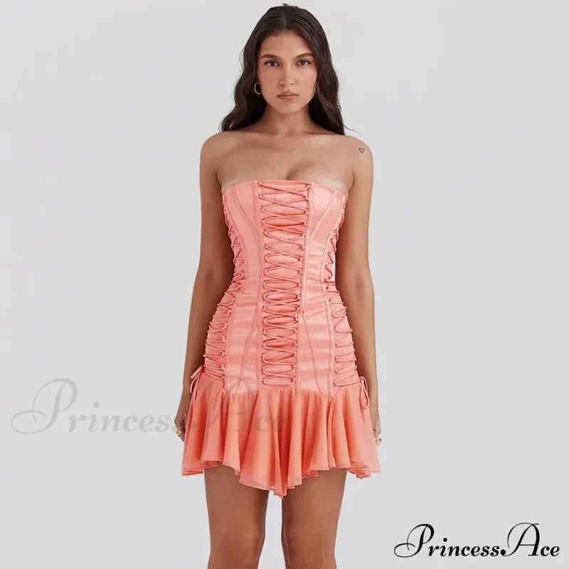 Satin Lace Up Charming Bandage Strapless Mini Dress