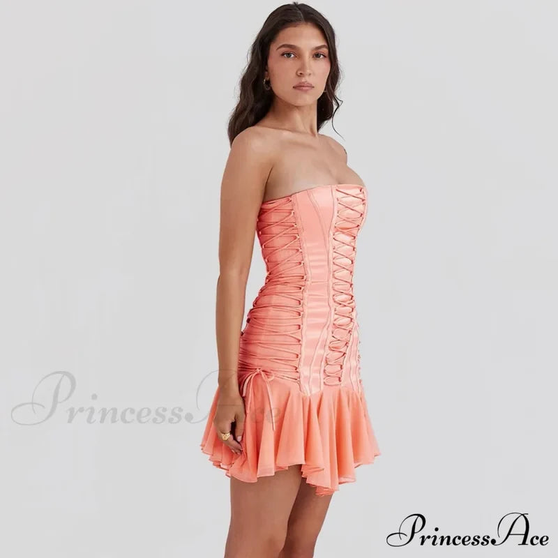 Satin Lace Up Charming Bandage Strapless Mini Dress