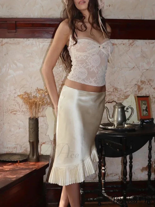 Satin Pleated Stylish Trim Midi Skirt Skirts