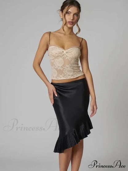 Satin Pleated Stylish Trim Midi Skirt Skirts