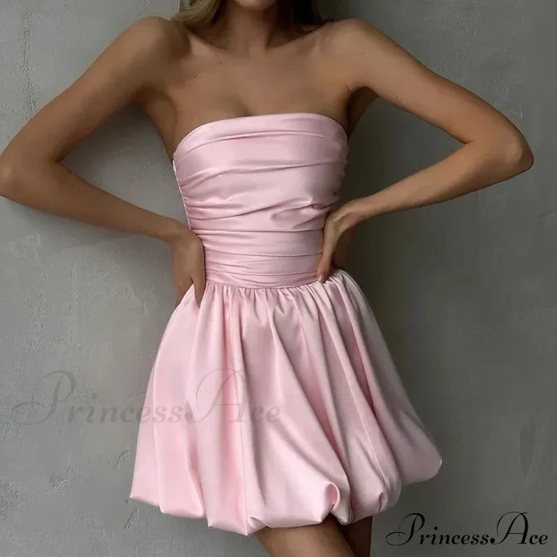 Satin Puff Ruched Charming Tube Mini Dress Solid