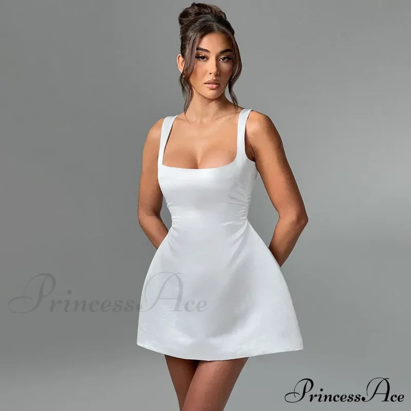 Satin Square Neck Charming Strap Mini Dress Solid Color