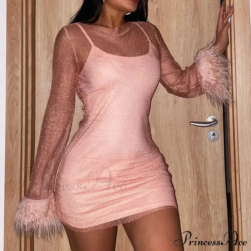 See Through Mesh Autumn Black Long O-Neck Sexy Club Partywear Fashion Bodycon Dress