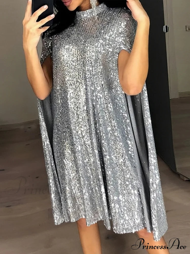 Sequin Cape Mini Dress S / Silver Rose Gold Sequin Dress